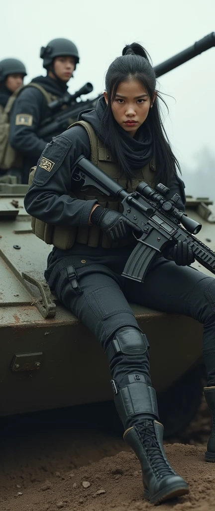 bleak gritty action edgy so much swagger trained marine corp militant asian females soliders with her female squads with serious expresion with an attitue vengance she adorn with pony tail hairstyle adorn hip hop rap style in kevlar black military attire armour sniper rifle on recline on a tank aiming sniper absolute disrespect bad-mannered