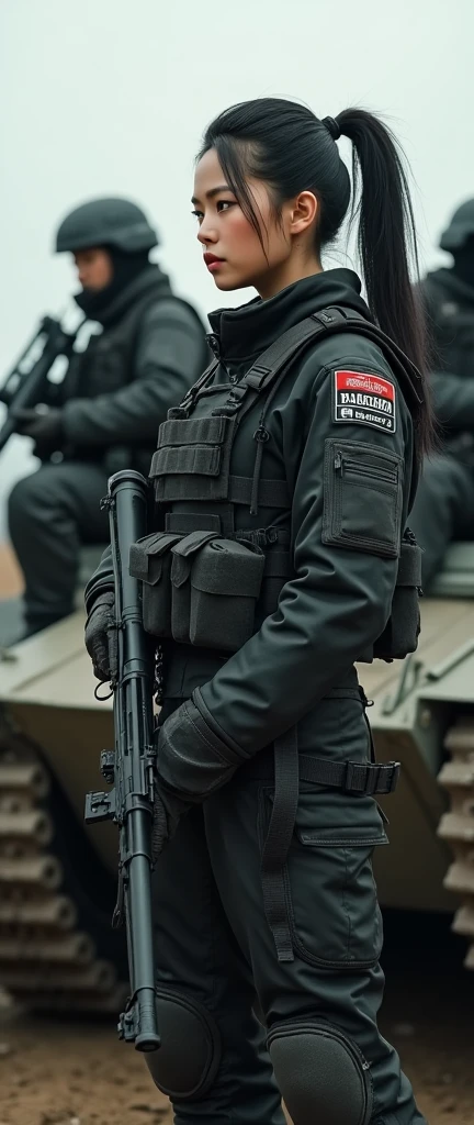 bleak gritty action edgy so much swagger trained marine corp militant asian females soliders with her female squads with serious expresion with an attitue vengance she adorn with pony tail hairstyle adorn hip hop rap style in kevlar black military attire armour sniper rifle on recline on a tank aiming sniper absolute disrespect bad-mannered