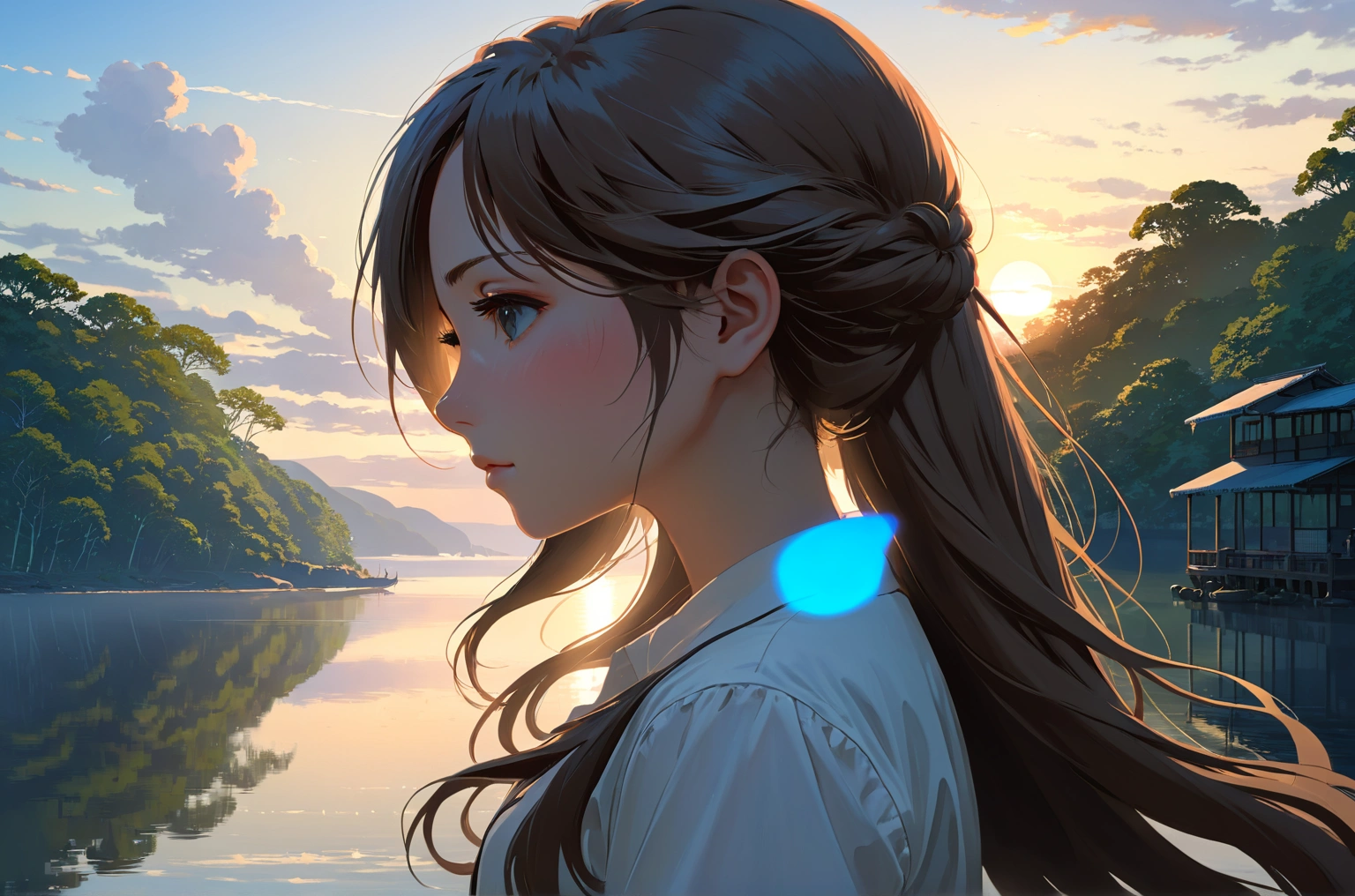 Uses Makoto Shinkai&#39;s depiction perfectly,Portrait of Halie Loren,8k 4k masterpiece photo ,Mysterious sight,In the morning haze,profile,profileが美しい,Long Hair,Ash hair,White shirt,Look in a different direction,Nestled on the lakeside,Bust is larger