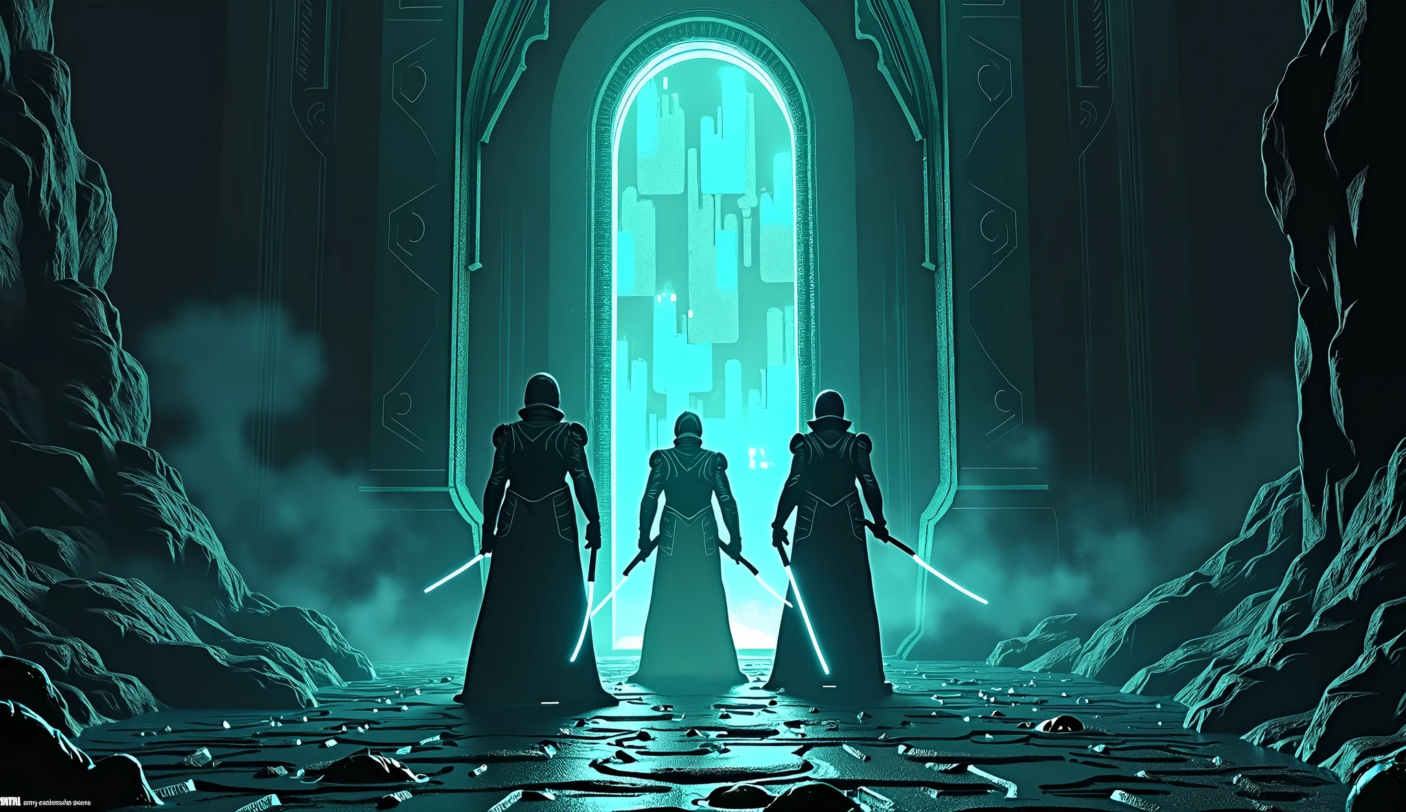 IN abyass of void black hard obsidianed stonened flour and walls there is a big Magical Gate opening made of dark obsidian emitting light from which Three heros are coming out those are 3 space soilders with futuristic armour holding matrix pattren swords.