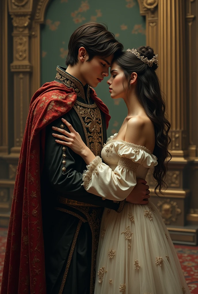 Abusive young man king from fantasy kingdom and his wife beautiful young woman who was abused by him