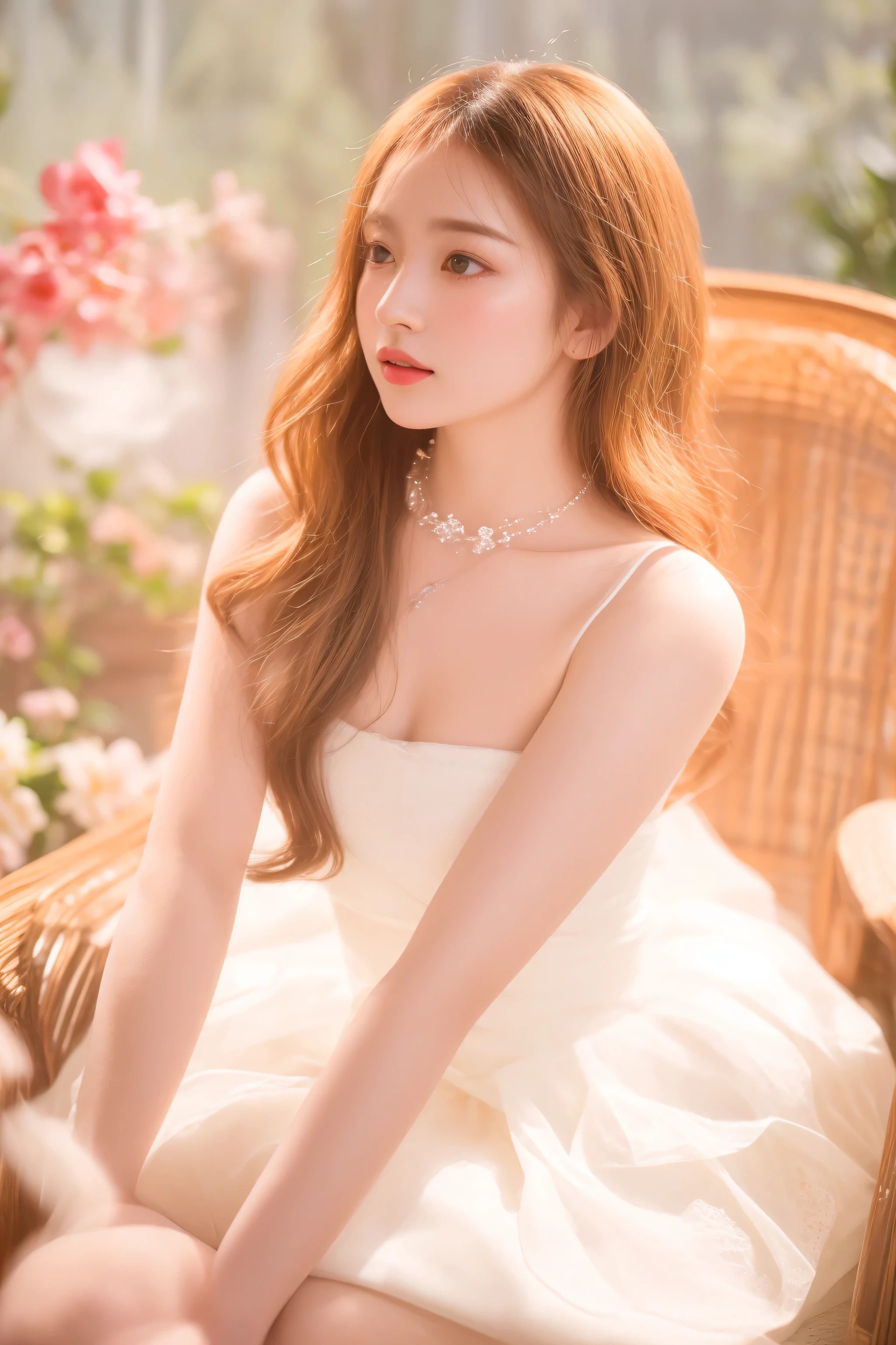 there is a woman sitting in a chair with a necklace on, soft ethereal lighting, ethereal beauty, cute elegant pose, dreamy and ethereal, delicate soft hazy lighting, ethereal and dreamy, soft portrait shot 8 k, soft light from the side, ethereal details, soft light from the window, inspired by Huang Ji, beautiful soft lighting, [ realistic photography ]