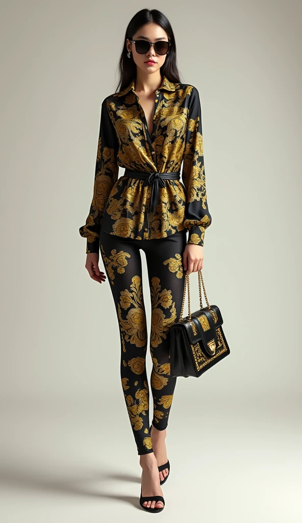 ((best quality,4k,highres,masterpiece:1.2)),((character concept art)), 1 female, age 25, Chinese Hong Kong, Hong Kong Elite, eldest sister, triad female leader, Known for her impeccable fashion sense and elegant demeanor, she is a true embodiment of the Versace brand. Her body language is as captivating as her style, always exuding confidence and high fashion. (((She's wearing an exquisite Versace Barocco-print Shirt in Silk and Barocco-print leggings gold-tone/white/black, a true testament to the brand's luxurious aesthetic.))) Paired with Versace Medusa Tribute Sandals, she carries her ensemble with an air of effortless sophistication. Her accessories include a Versace Medusa Tribute Bag and a pair of Versace Tribute Sunglasses, enhancing her overall look. ((intricate detail)), super finely detailed hands, ultra finely detailed fingers(((ten fingers))), (standing still with confidently), (full body showcase), (show full body), (no logos on background), (no logo), ((plain background)), ((plain background)), (((empty background))).