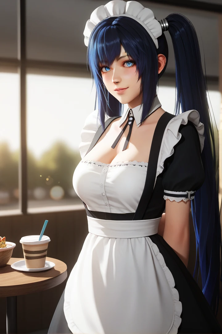 score_9, score_8_up, score_7_up, score_6_up, score_5_up, score_4_up, source_anime, 3dr7, maid, blue hair, blue eyes, twintails, very long hair, voluminous hair, fluffy hair, disheveled hair, messy hair, cafe, bokeh, subsurface scattering, volumetric lighting, light rays, cowboy shot, dark, chiaroscuro, close-up, makeup, light smile 
BREAK arms behind back, cleavage
