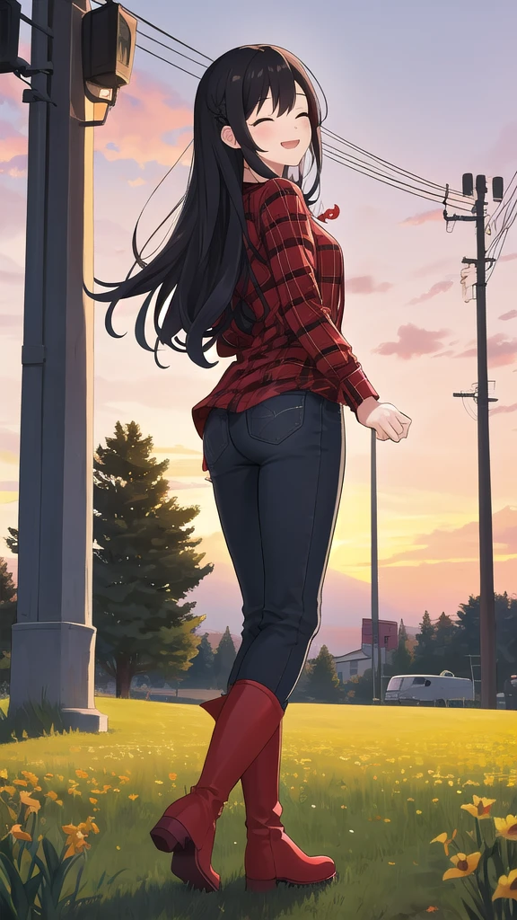 Young woman, high, god, black hair, close eyes, smile, solo, One, costs, field, sunset, checkered shirt, Red shirt, pants, red knee-high boots, looking at the viewer, 8k, red boots, tapes, lamppost, super rear view, ultra quality, home, jewelry, 