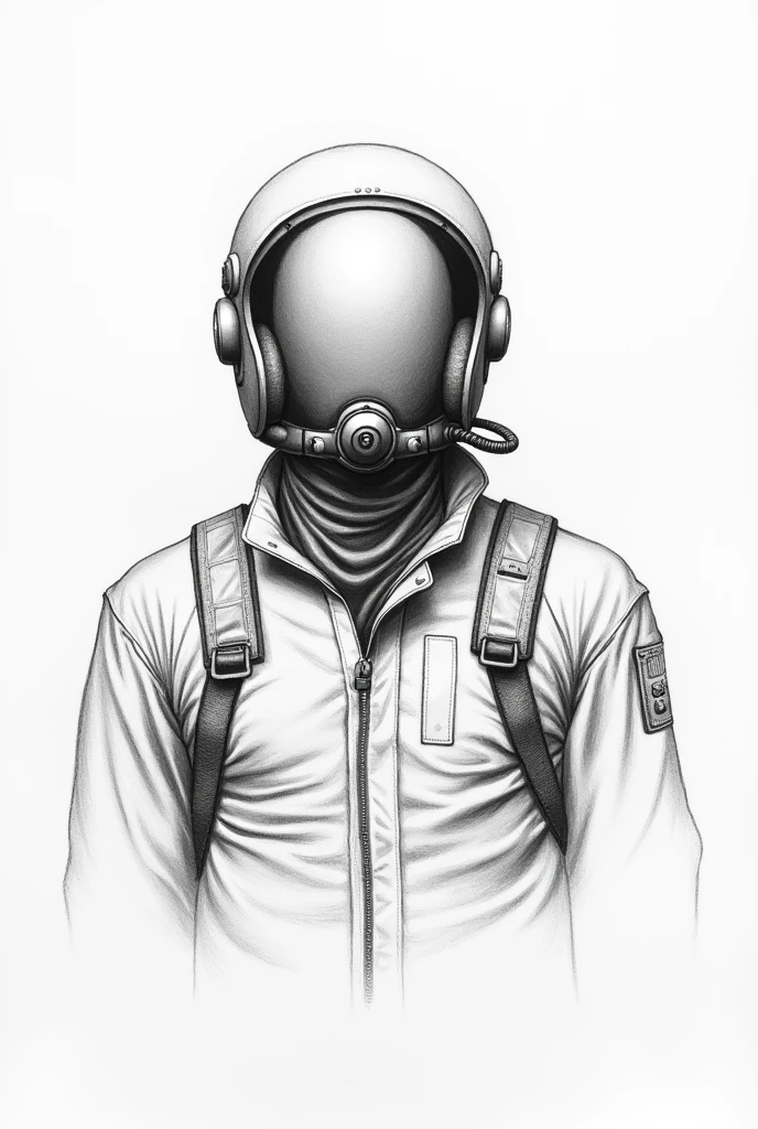 a drawing sketch of pilot man, with no face (nose, mouth, eyes, in black and white pencil.