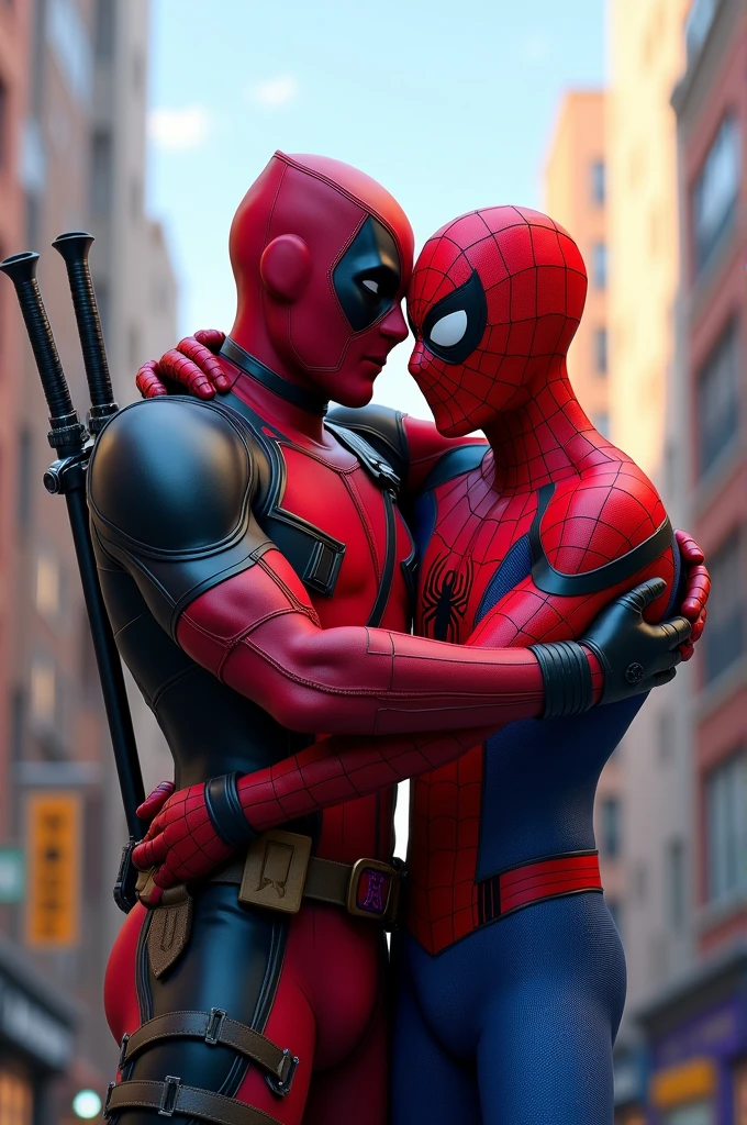 Deadpool and Spiderman hug each other