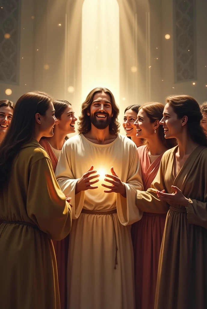 Jesus Christ laughing with a group of young Catholics together with Our Lady of Graces Where is Our Lady of Graces? Bring her closer because there are only women and a mixed group of young people WHERE IS OUR LADY OF GRACES Where is Our Lady OUR LADY OF LURDES?
(desaning)