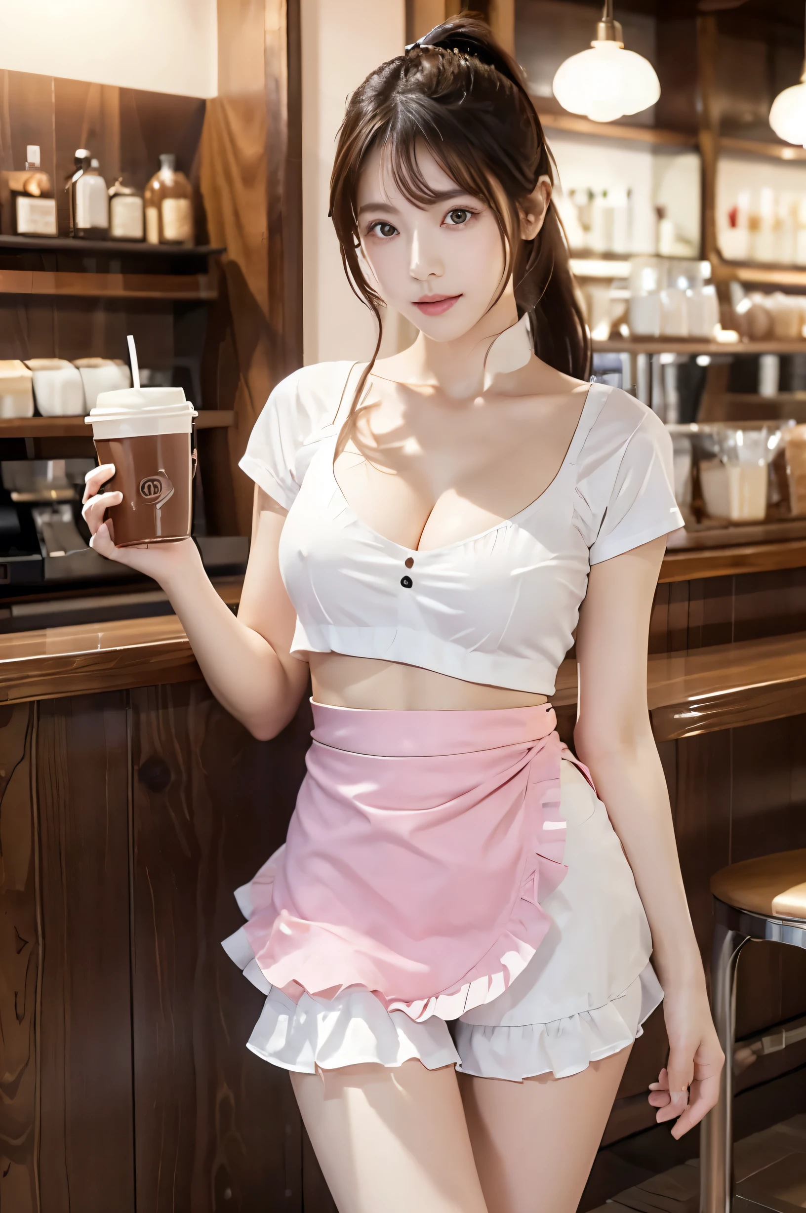 (Ultra HD), (Looking at me), (The whole body is shown), (Pink waitress:1.2, Apron with white frills), , Beautiful breasts, slNarrow waist, (Thin legs:1.4), (Thin thighs:1.4), (Thin Hips:1.6), (Beautiful Skin, Shiny skin, White skin), (Super slim face, Super beautiful face, No makeup, Smile:0.6), (ponytail, Layered Cut, Fluffy hair), (double eyelid, Slanted Eyes), Small Nose, Thin lips, Are standing, Coffee shop