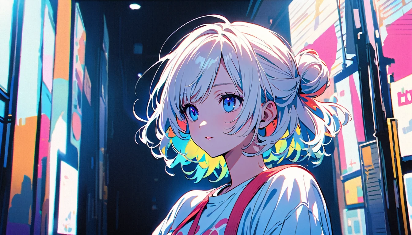 HD 8k Handsome sexy-cute, Solitary, 1 HD-8k Human focus female, looking away Medium Length Hair, white hair, Rainbow hair, hair bun ,blue Eyes, Big white t-shirt, background is 1980's City-Pop Tokyo,