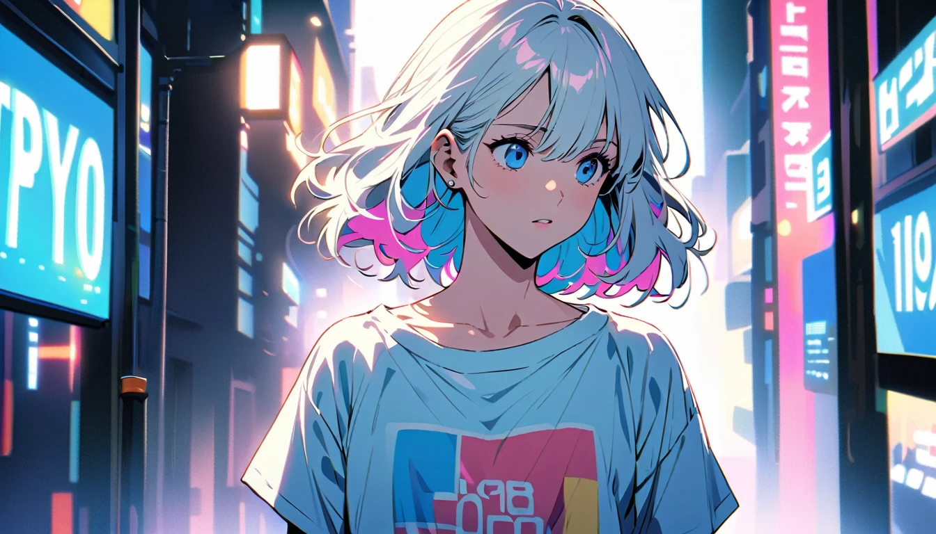 HD 8k Handsome sexy-cute, Solitary, 1 HD-8k Human focus female, looking away Medium Length Hair, white hair, Rainbow hair, hair bun ,blue Eyes, Big white t-shirt, background is 1980's City-Pop Tokyo,