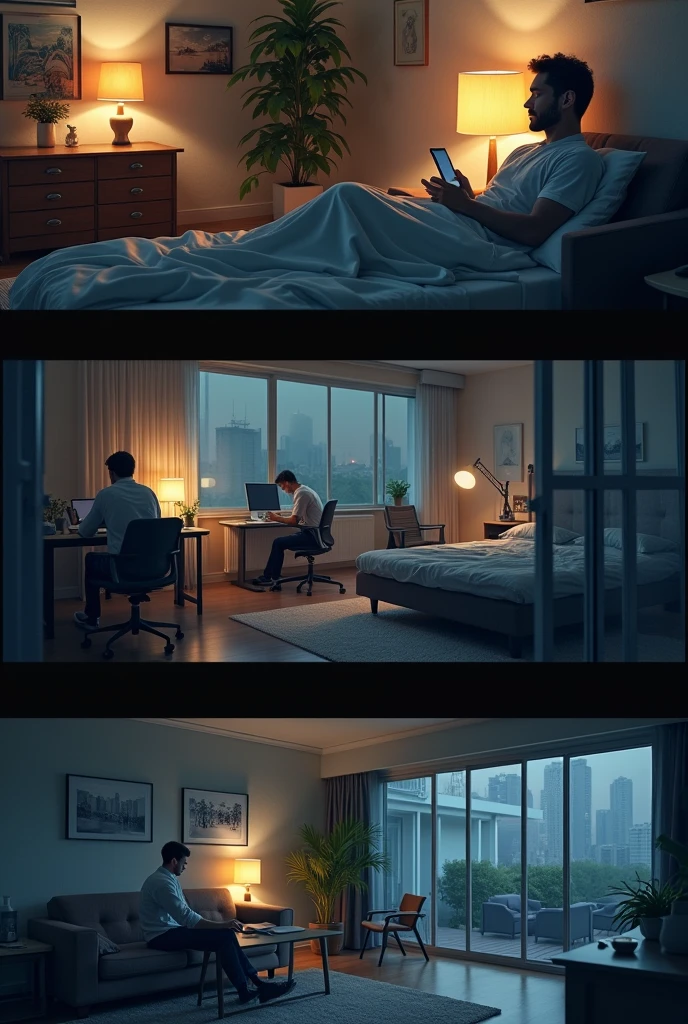 (photorealism:1.2) a man binge watching series on phone, a man soundly sleeping, a man busy studying, a man exercising in the gym, late at night