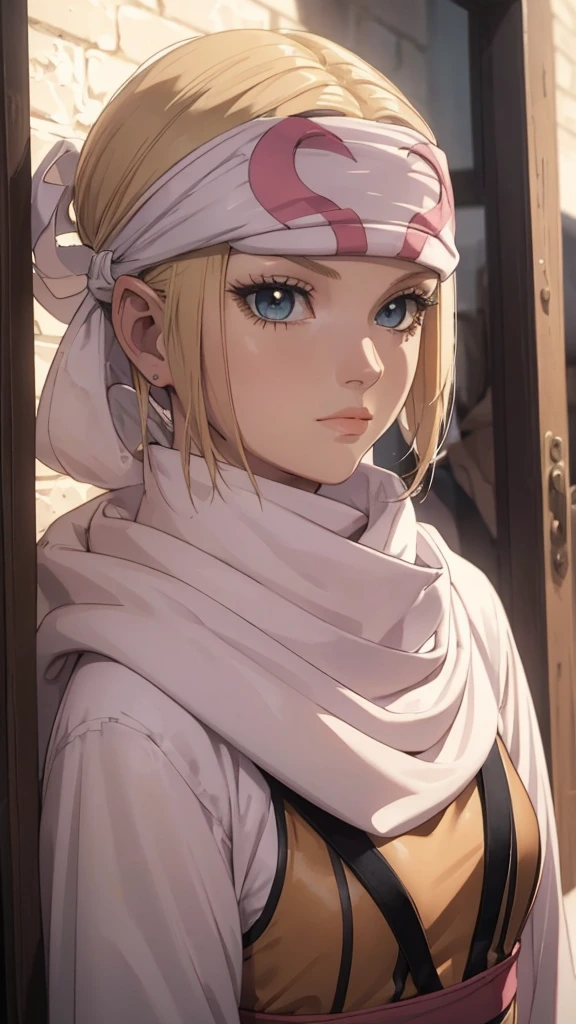 masterpiece), best quality, high resolution blonde 1girl bob cut medium hair standing alone cowl headband profile image looking at viewer beautiful eyes beautiful face extremely detailed pink clothing portrait