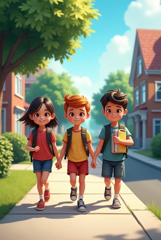 3 kids going to school side view walking