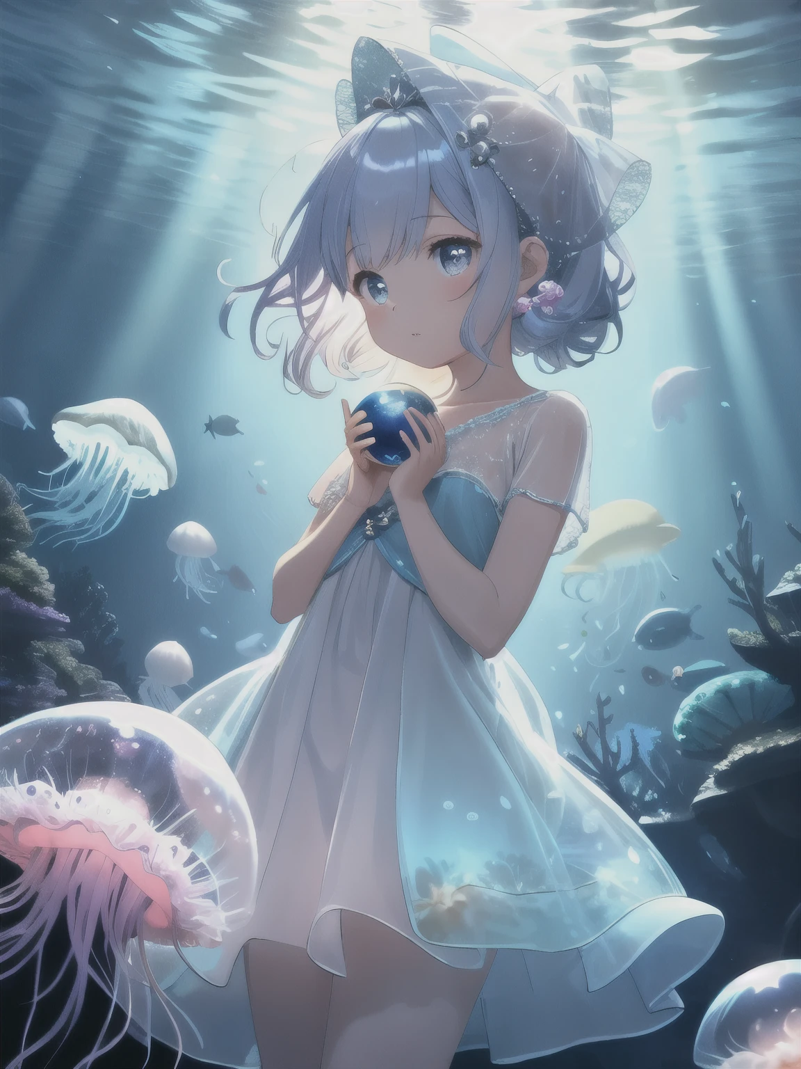 Underwater mysterious world, Magic world, glowing little jellyfish, Small fish, a girl in a transparent dress holds a glowing ball of a pearl in her hands, many small bubbles