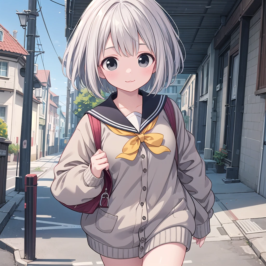 { masterpiece : highest quality : detailed face : High resolution : lip details : unity 8k wallpaper : 3D realistic illustration } { background = narrow road } { : short hair : height150centimeter: Perfect Slender Body : Perfectly small breasts : gray hair : cardigan :sailor suit:: walk: }Innocent :1.5, very : cat girl : black eyes : bob hair