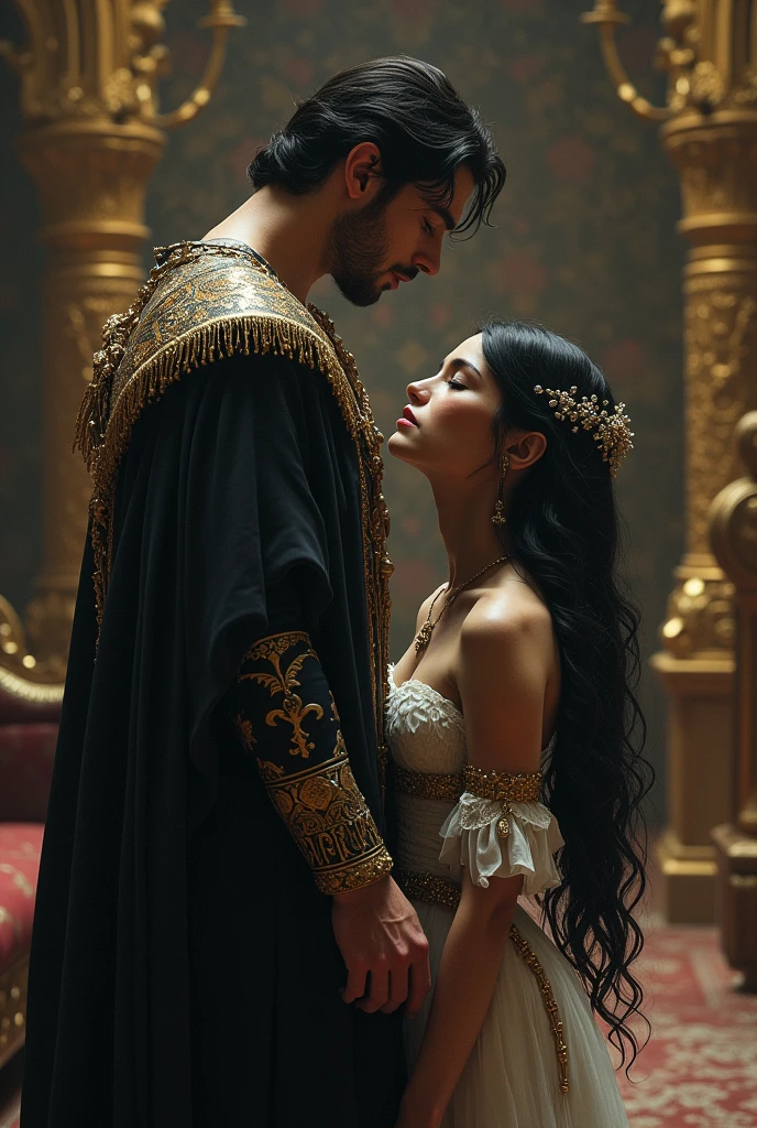 Abusive young man king from fantasy kingdom and his wife beautiful young woman her race is white and she has jet black hair strong facial feautures who was abused by him