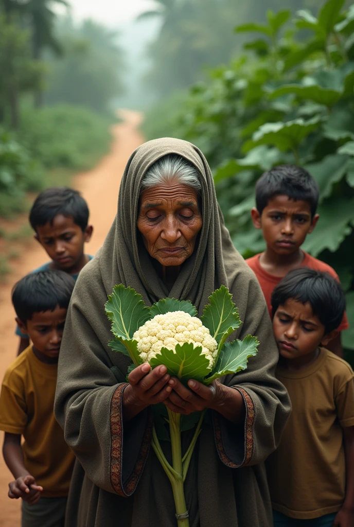 A helpless old woman holding a cauliflower flower in her hand is writing Allah on the cauliflower and she is praying to Allah and the children are crying. There is a road behind. It is a jungle. They are wishing for water and he is writing on it. Only an arrogant person will not like it. Please also make a like emoji.