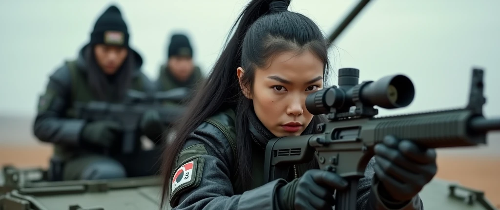 bleak gritty action edgy so much swagger trained marine corp militant asian females soliders with her female squads with serious expresion with an attitue vengance she adorn with pony tail hairstyle adorn hip hop rap style in kevlar black military attire armour sniper rifle on recline on a tank aiming sniper absolute disrespect bad-mannered 