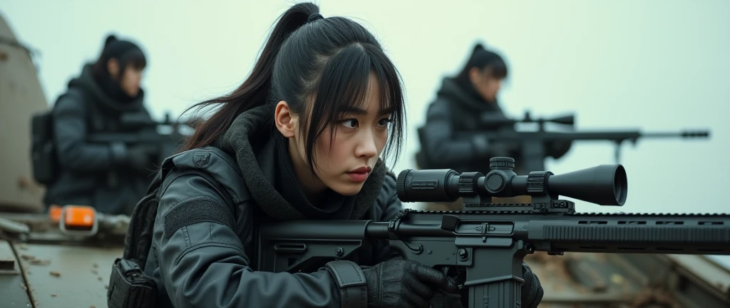bleak gritty action edgy so much swagger trained marine corp militant asian females soliders with her female squads with serious expresion with an attitue vengance she adorn with pony tail hairstyle adorn hip hop rap style in kevlar black military attire armour sniper rifle on recline on a tank aiming sniper absolute disrespect bad-mannered 