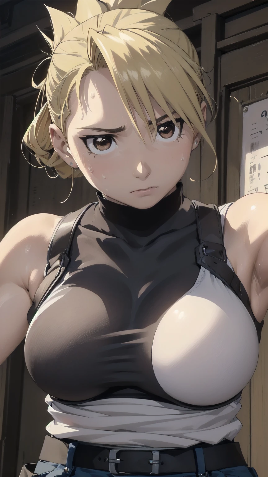 masterpiece, highest quality, High resolution, One Girl, Hamriz, ponytail, Brown eyes,big , Black Shirt, Tight shirt, holster, Short sleeve, belt, Covered navel, Blue pants,indoor、Upper body close-up、Muscular body、blush、Sweat、Composition from the front、anime、(((Close-up of a person、大きなおっぱい、Both armpits exposed、Sweat、Look forward)))