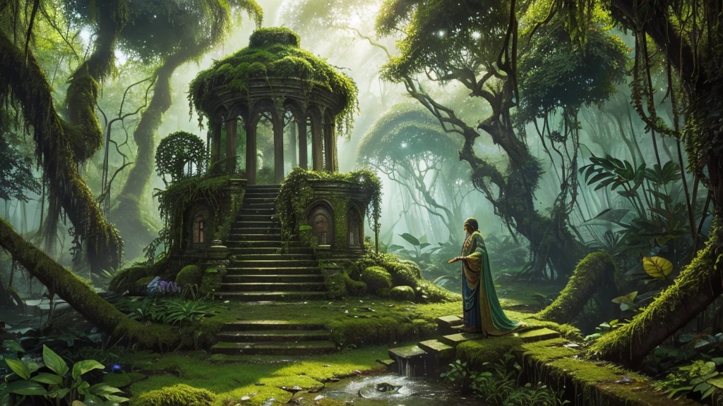 ((masterpiece)),((Highest quality)),((High Detail)), nobody, background, fantasy, Ruins in the jungle, Ivy and moss, Bright light, Magic statue,