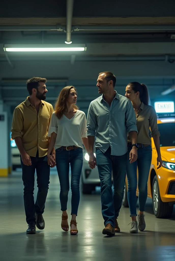 Two men are dropping two women to a cab in the basement parking, the woman is wearing a top and jeans and the man is wearing a shirt and jeans and a smart watch