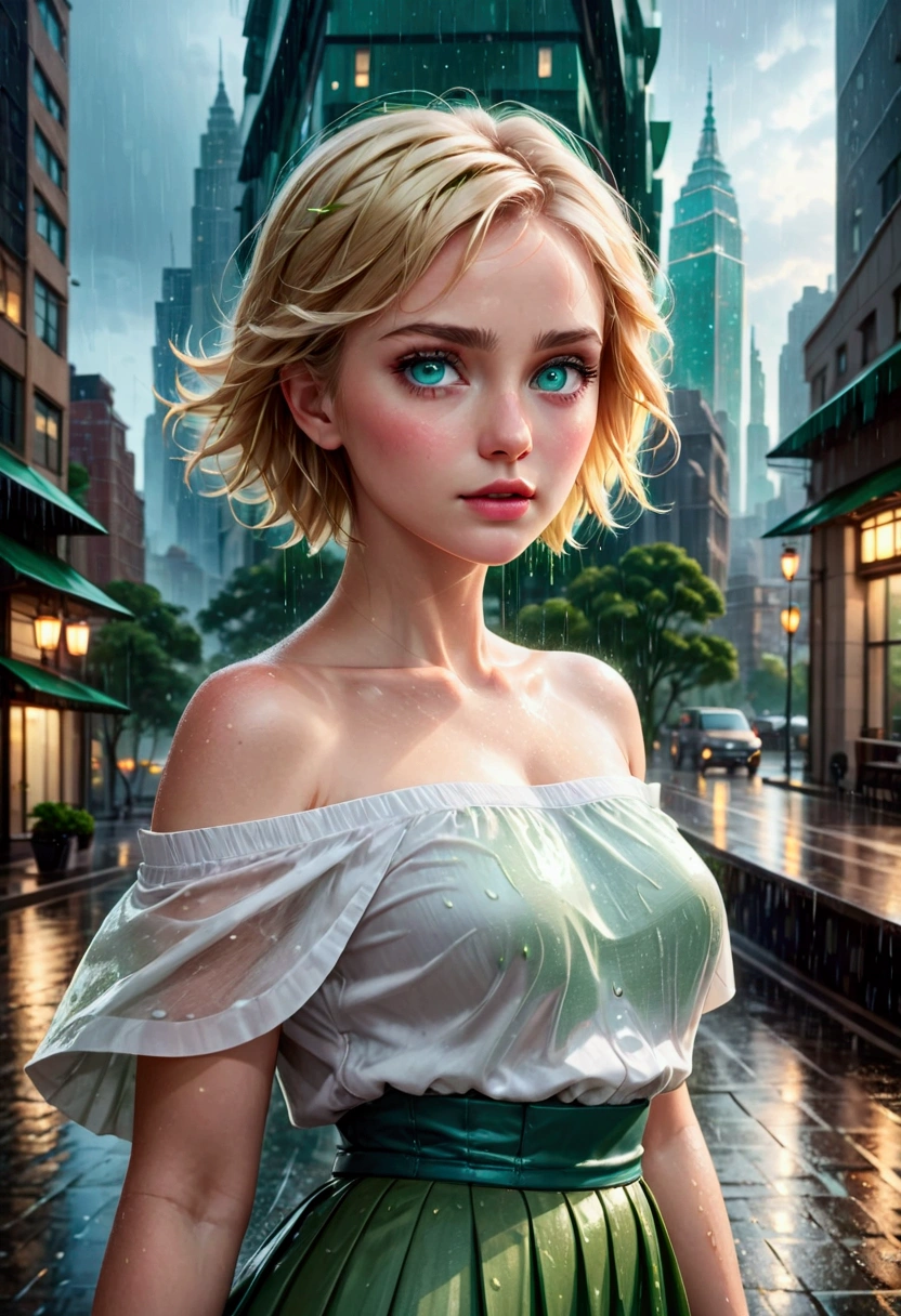 Beautiful young woman with short blonde hair and blue eyes wearing off-shoulder white shirt and flowing green skirt, detailed against a rainy cityscape background. (Best Quality, 4k, 8k, High Resolution, Masterpiece: 1.2), Highly Detailed, (Photorealistic: 1.37), One Girl, Beautiful Detailed Eyes, Beautiful Detailed Lips, Highly Detailed Eyes and Face, Long Eyelashes, Realistic, Professional, Vivid Colors, Dramatic Lighting, Cinematic, Intricate Details, Mood, Rainy Day, Cityscape, Modern Architecture, Reflection, Bokeh