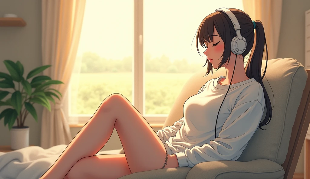 morning、Listen to music in the room、Sit on a chair、high school girl、Big Breasts、 relax、White sweatshirt、ponytail、Use headphones, Bright environment、2D-style animation, Lo-Fi、Retro、Anime style illustrations、Line art with clear outlines