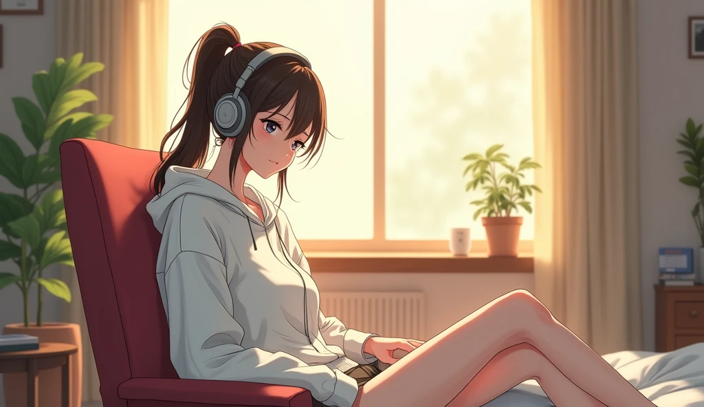 morning、Listen to music in the room、Sit on a chair、high school girl、Big Breasts、 relax、White sweatshirt、ponytail、Use headphones, Bright environment、2D-style animation, Lo-Fi、Retro、Anime style illustrations、Line art with clear outlines