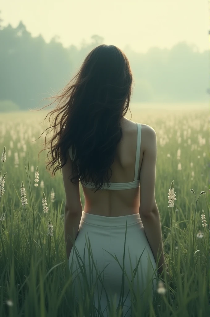Calm style music album, field, but don&#39;t show your face, shows part of her body, back and hair, quiet and personal mode 