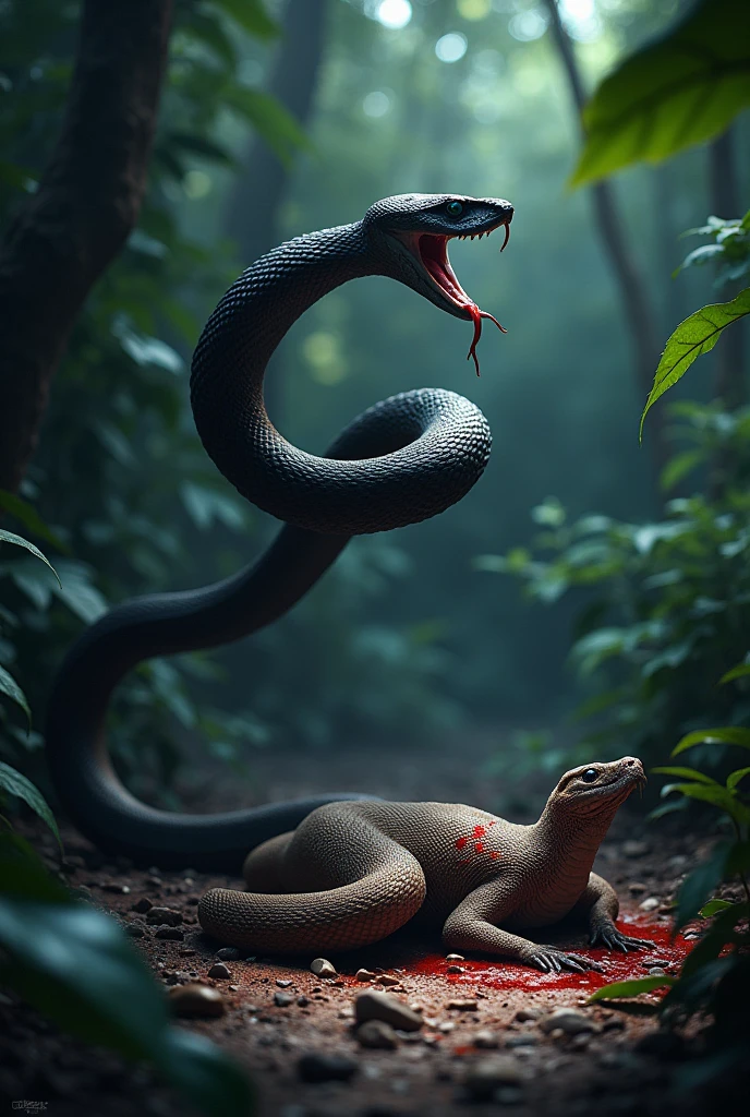 "Foreground: A frightening scene with a dim light and some greenery in the background. A mongoose is lying on the ground, dead, with blood stains on its body.Background: The background features subdued lighting, creating a mysterious and ominous atmosphere. Some greenery, like grass or plants, can be shown to balance the scene and add realism.Centerpiece: A large, long cobra is positioned on top of the mongoose, with its head resting on the mongoose’s body. The cobra’s mouth is open, and its fangs are clearly visible.This scene evokes a sense of fear and tension, bringing your creative vision to life.
