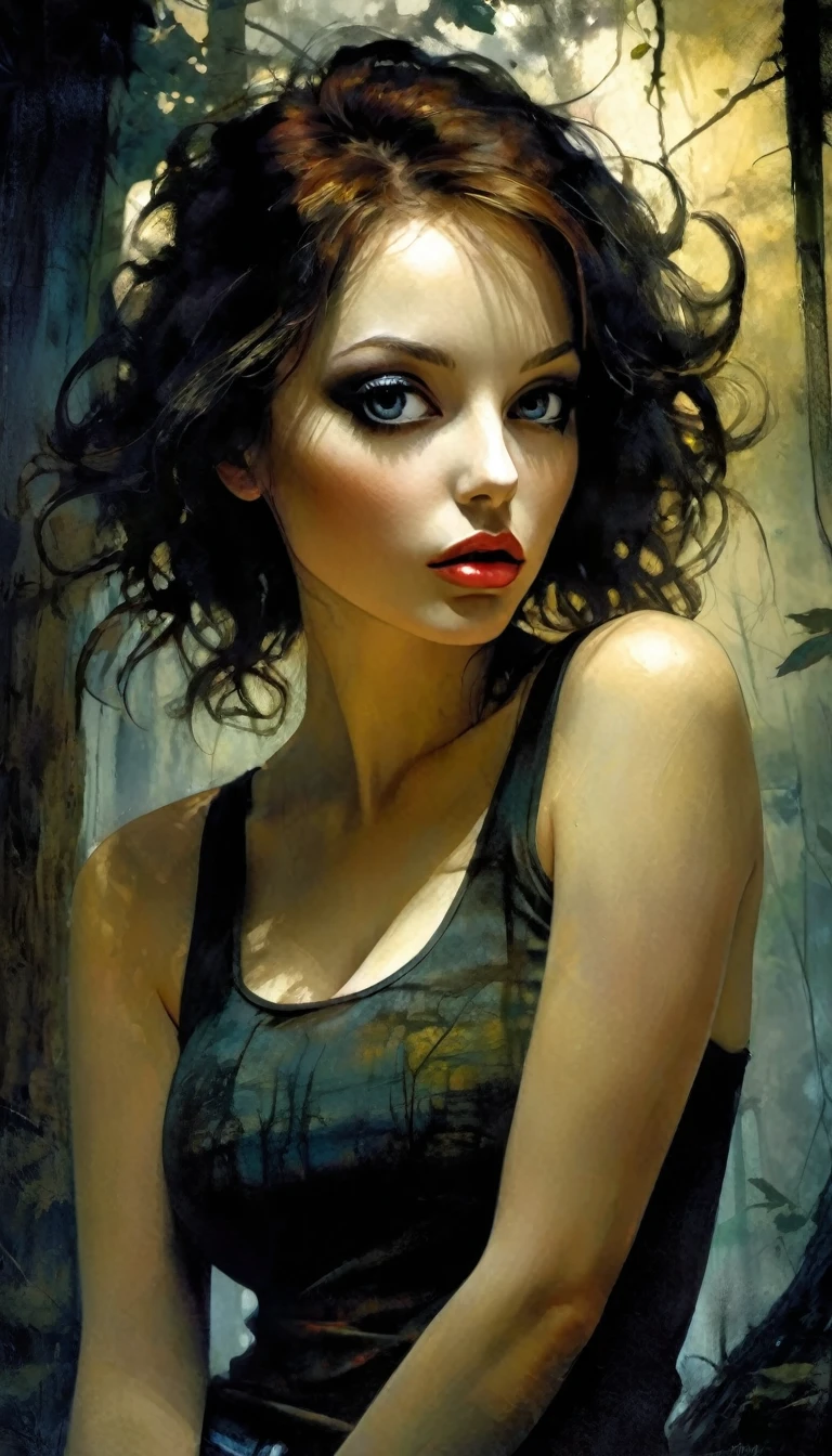 realistic photography, black and white, artistic, a large abandoned mansion in a dark forest, a sexy woman from behind, tank top and jeans, dark clouds (best quality, 4k, 8k, high resolution, masterpiece: 1.2), ultra-detailed, (realistic, photorealistic, photorealistic : 1.37), intricate details, vivid colors, sharp focus, professional, Dave McKean artwork, surreal oil touch, oil painting style, portrait, woman, beautiful detailed eyes, beautiful detailed lips, dreamlike atmosphere, game of shadows, soft lighting, fun pose, dark tones, ethereal background, fantasy elements, texture, layered composition. art inspired by Bill Sienkiewicz and Dave McKean