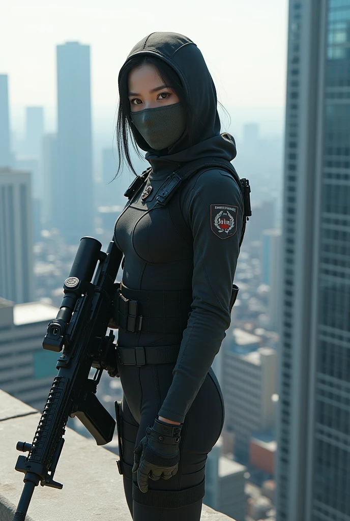 A Japanese female sniper wearing a cloth mask stands on the rooftop of a high-rise building.  