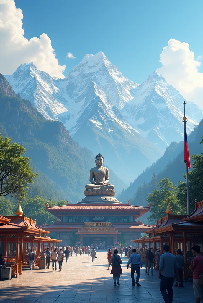 Nepalese airport with Buddha and mountain and nepali flag