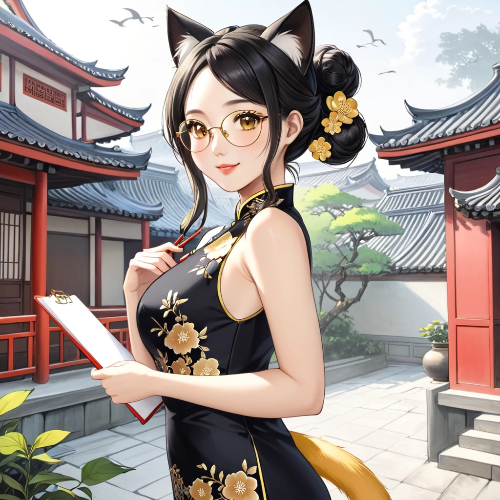 A beautiful woman, city,(standard cheongsam), (flower chignon), (gold embroidery thread), outdoor chinese house, light smile, ((black hair)), little blush, side, (breast), line art, Scan Painting Art, Color pencil drawing art, (hand drawing art), ((draft drawing)), black long hair, yellow hair tail, black and yellow Hair, wear round glasses, A pair of cat ears on the head