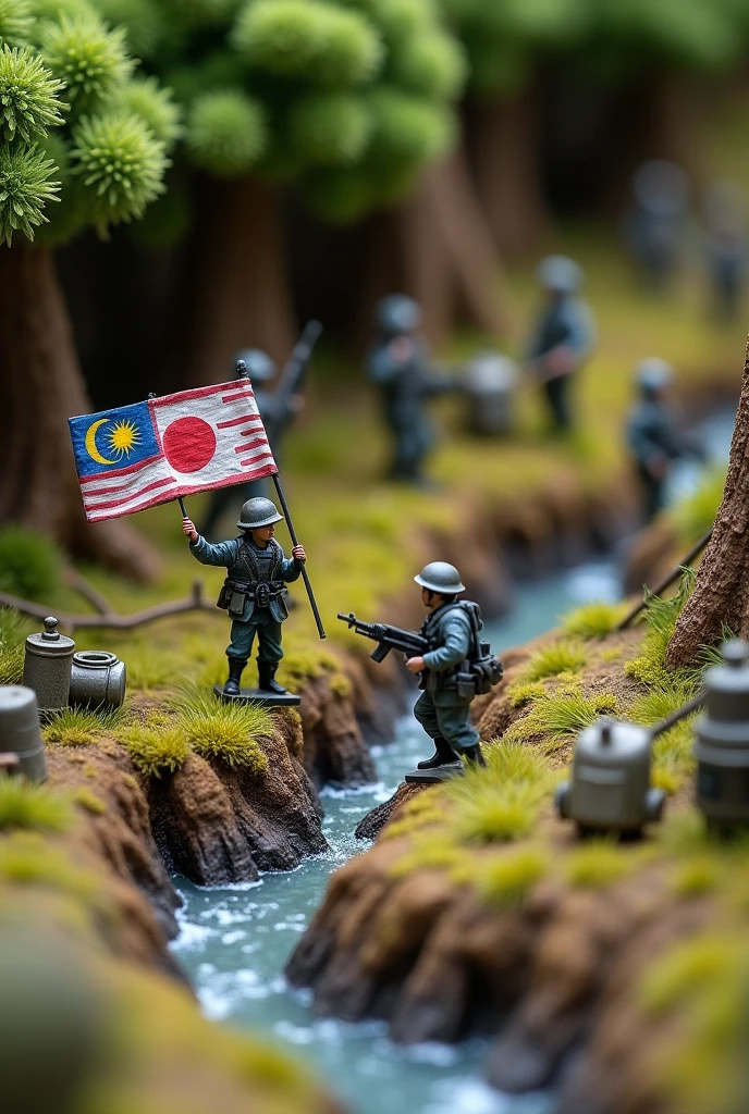 Army miniature diorama on the Wooden base/lining. There's Malaysian army and japanese army, There is a ditch there . Do it From the top view, There is oil gas as decoration along with trees and grass. Make sure one of the japanese army Hold the old japanese flag