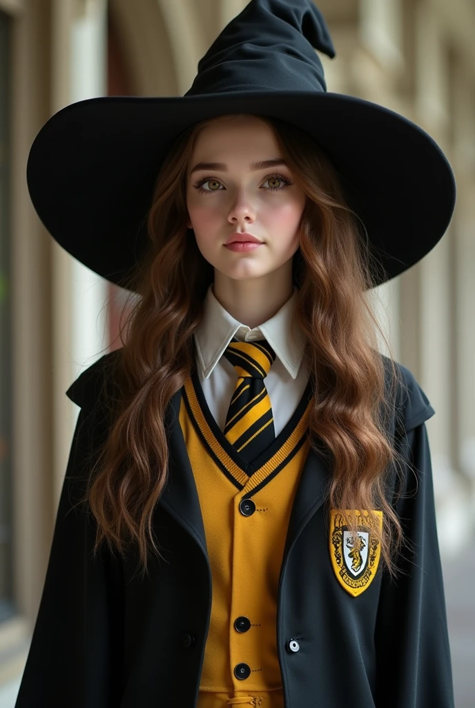 Hogwarts Witch, hairs(rot, long to the waist shiny and soft) Skinned(pale ,and smooth ) cos(slim and waisted, medium height) muka (feminine and soft square ,small-nose , round and symmetrical eyes in amber color ,pink heart shaped lips) robes (uniforme da Hufflepuff) youthful appearance