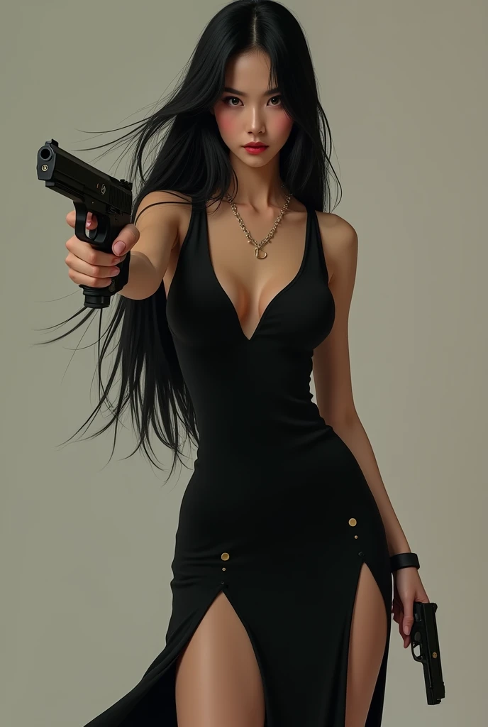 asian woman, Purple dress, Bold, big breasts, photo realistic body, Topless, with a firearm and a cigarette, white skin and bare breasts
