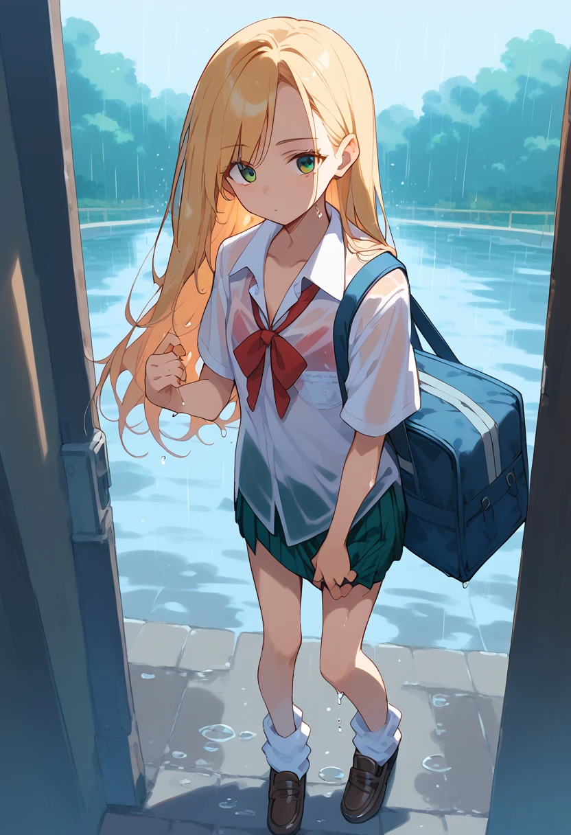 masterpiece, (score_9,score_8_up,score_7_up,score_6_up), 1 girl, green eyes, little sassy, bitch / cockslut / whore, skinny, tsurime, asymmetrical bangs, long hair, (blond hair:1.3), (school uniform), (white collared shirt, plain pattern shirt, short sleeves, shirt tucked in:1), (red plain pattern narrow neck ribbon:1.2), brown loafers, white loose socks,bra,
indoors,
school bag,
see-through shirt(1.2),
shoulder bag(1.2),
wringing skirt(1.4),rainy weather,water dripping down one's skirt,