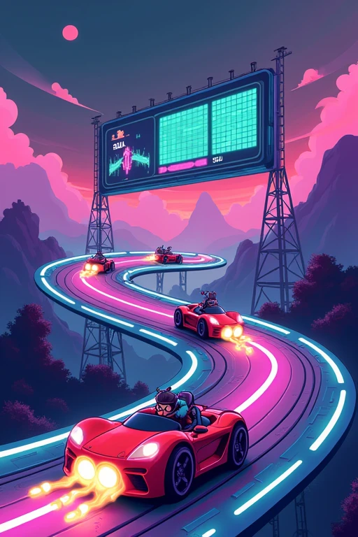 Illustration of a futuristic race track shaped like the Solana logo. Multiple cartoon characters (representing users) are racing towards glowing blockchain blocks. Some racers are paying extra for boost, visualized as dollar signs coming out of their exhaust. Above the track, a giant scoreboard shows SOL price at $145 with an arrow pointing up. Anatoly Yakovenko stands on a podium, waving a checkered flag. Use Solana's signature purple and green color scheme with neon accents for a cyber feel.