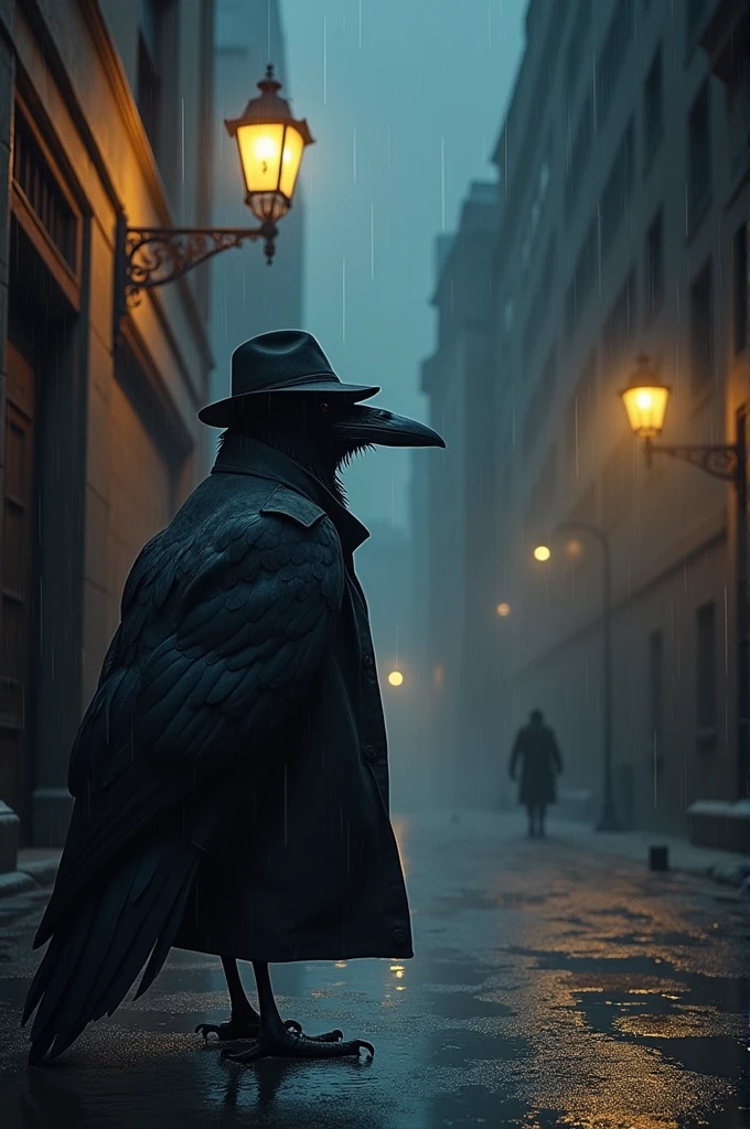 "Raven in a Noir Alley": The raven, dressed in a trench coat and fedora, is standing under a flickering streetlamp in a dark, rain-soaked alley. The background features shadowy buildings, puddles reflecting the light, and a mysterious figure in the distance. The raven’s sharp eyes are focused, as if it’s on the trail of a clue.
