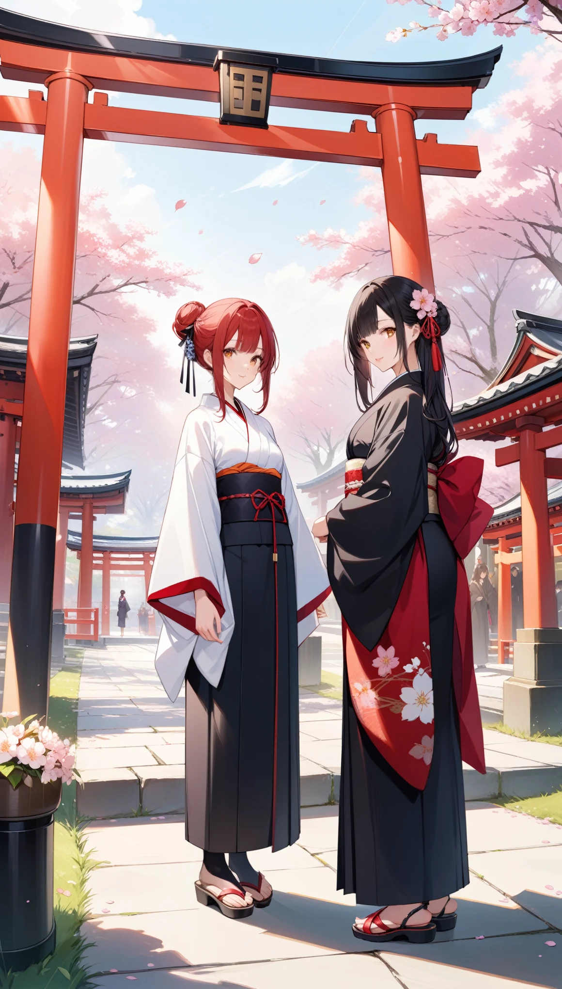 ((masterpiece,Highest quality)),Two people, black kimono, Black legwear, black ribbon, Black Hair, cherry blossoms, Day, flower, Hair Bun, hair ribbon, kimono, kimono, Long Hair, View your viewers, Recall , plural, belt, Outdoor, Red eyes, Redhead, ribbon, Sandals, Single Pan, stage, Are standing, picture, torii, wood, white kimono, Yellow Eyes,