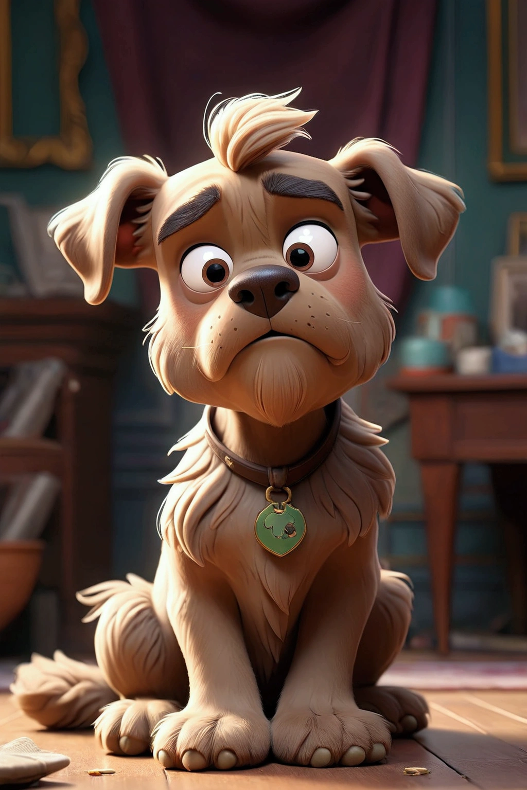 there is a dog cartoon charater in disney style that is sitting on the floor in the room, scruffy looking, looking straight to camera, by Romain brook, by Emma Andijewska, looking straight to the camera, selfie of a dog, his hair is messy and unkempt, retired barney, cute furry needs your help, portrait zeus, by Petr Brandl, looking smug