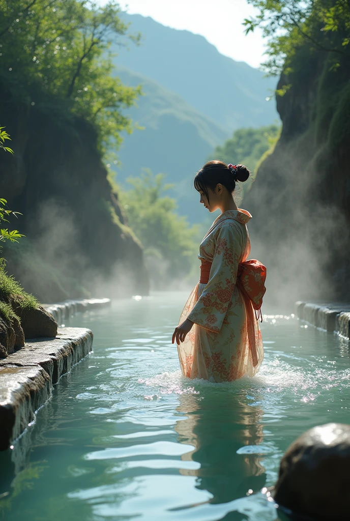 A serene scene of a Japanese woman in a traditional yukata, carefully stepping into a steaming onsen surrounded by natural rocks and lush greenery, with the mist rising from the hot water into the crisp mountain air."