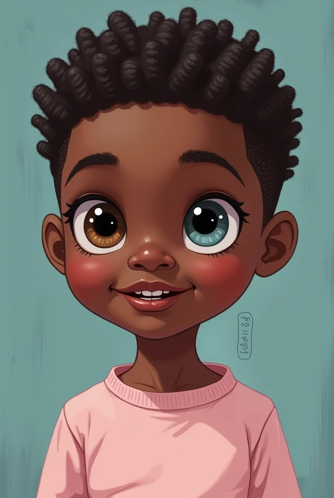8 year old black real boy 
Real boy
Very style realistic
Boy from Africa 
Eyes of different colors brown and blue 
Eyes of different colors brown and blue
Eyes of different colors brown and blue 
Eyes of different colors brown and blue
Eyes of different colors brown and blue 
Eyes of different colors brown and blue
Short hair African braids 
Wearing a pink cropped shir
Place eyes of different colors brown and blue and give them a little shine 
With a little white sweater 
Realistic style 