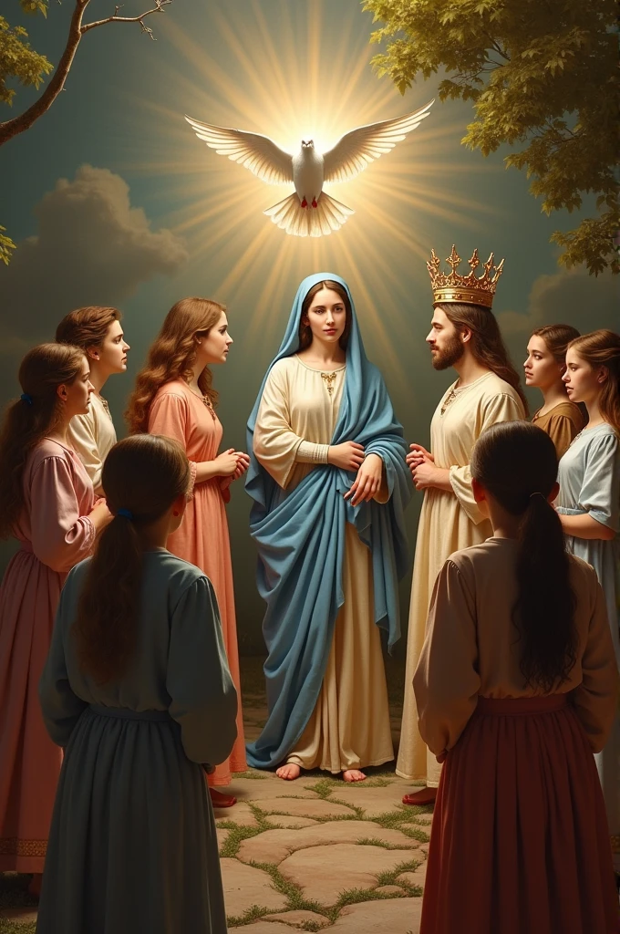 A white dove next to the Holy Trinity and Mary being crowned watched by a group of young people