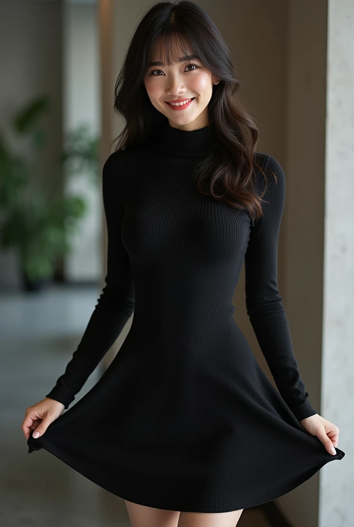 Office Lady,whole body, Are standing,Pull up your skirt,Shedding bangs, Knit dress, turtleneck, highest quality,  Very detailed, finely, High resolution, 8k wallpaper, Perfect dynamic composition, finelyて美しい目,  Natural Lip, (Saggy big breasts:1.3), smile,