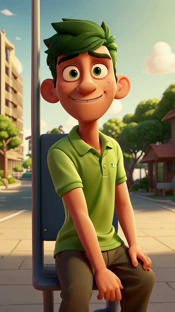 Cartoon character man in light green polo shirt sitting at a bus stop with sad look thinking he would like to be sunbathing on the beach, 3D stylized, 3D Character, 3D Character, 3d rendering stylized, cartoon character, Character close up, Character pose, (Pixar style) (master part:1.2) (Bokeh) (best quality) (detailed skin) (detailed texture) (8k) (clay) (Cinematic lighting) (sharp focus)