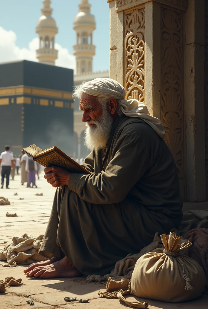 A poor old man is crying behind the Makkah and is carrying junk with him and a book of the Holy Quran is placed in front of him.